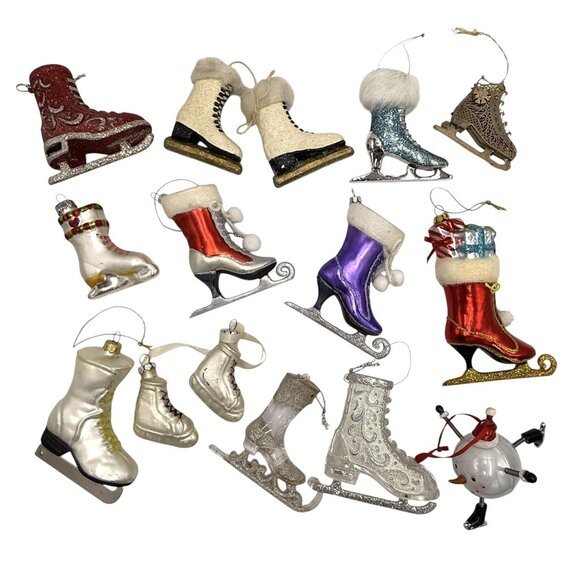 15 Vintage Ice Skates Skating Skater Ornaments Mixed Lot Blown Glass Plastic - Picture 15 of 15